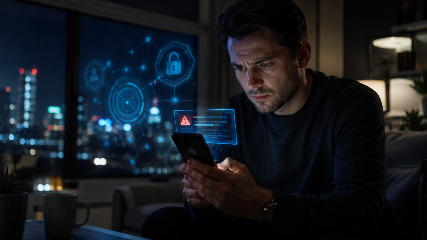 A young professional man in his early 30s staring seriously at hidden Android privacy settings on his smartphone screen.