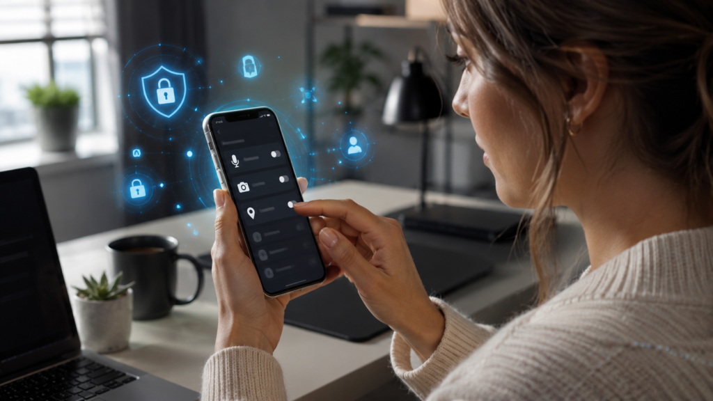 A woman in her late 20s reviewing Android Permission Manager settings on her phone inside a stylish USA home office.