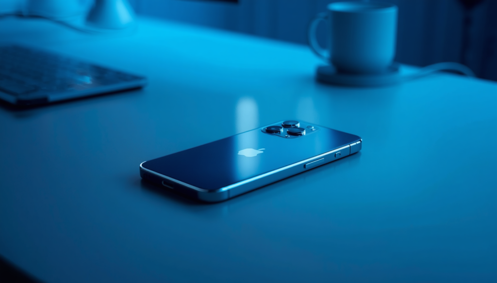  An iPhone placed face-up on a minimalist desk slowly cooling down.