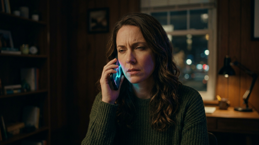 Worried woman speaking on phone indoors at night